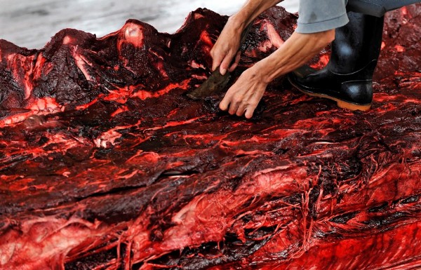 Un japonés cortando la carne de una ballena en el puerto de Wada (Japón).