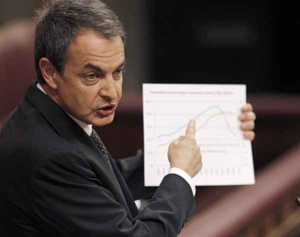El presidente del Gobierno, José Luis Rodríguez Zapatero, muestra un gráfico al líder del PP, Mariano Rajoy, durante su intervención en la sesión de tarde de la primera jornada del debate sobre el estado de la nación que se celebra hoy en el Congreso de los Diputados.