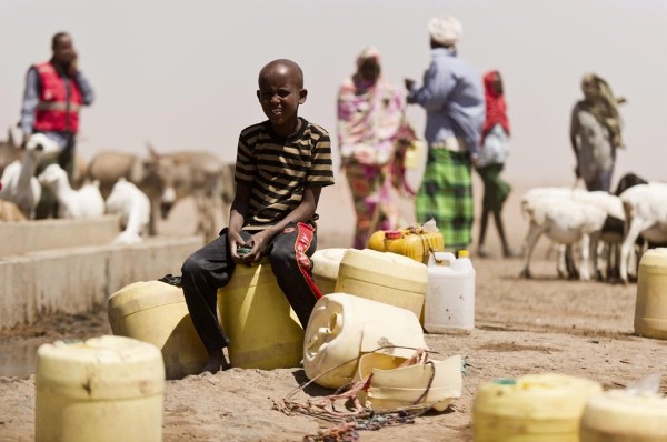 Imagen facilitada por la Cruz Roja danesa de niños y adultos rodeados de ganado llenando garrafas de agua en un pequeña fuente de Hadado, al noreste de Kenia, el 16 de julio de 2011.