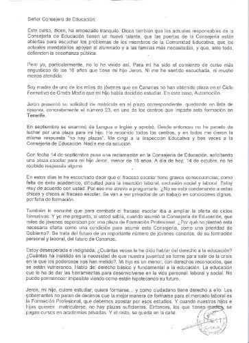 Carta al Consejero de Educación del Gobierno de Canarias y vicepresidente del Ejecutivo regional, José Miguel Pérez (PSOE).