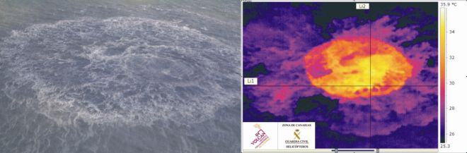 Detección de las mayores temperaturas anómalas asociadas a la manifestación superficial más obvia de la erupción submarina que se están registrando al Sur de La Restinga, en El Hierro. 
