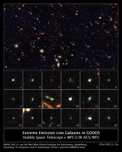 Detalle que revela 18 galaxias enanas descubiertas a través de los instrumentos de visión en el infrarrojo del Telescopio Espacial Hubble.