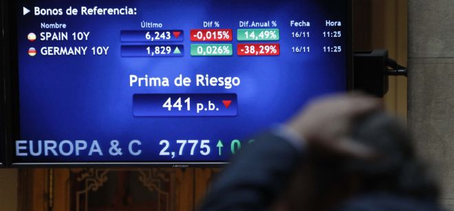 Imagen de un panel del palacio de la Bolsa española, en una sesión en la que el el IBEX 35 se mantenía en positivo a primeras horas de la tarde.