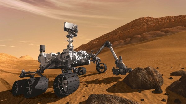 Representación artística en donde se observa al robot explorador Curiosity en Marte.