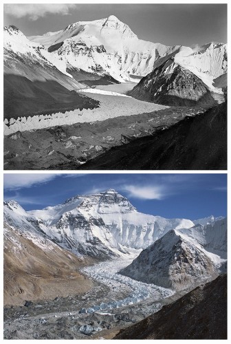 Monte Everest en 1921 (arriba) y en 2007.