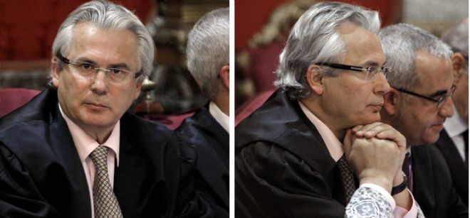 Dos imagenes del juez Baltasar Garzón en el banquillo del Tribunal Supremo.
