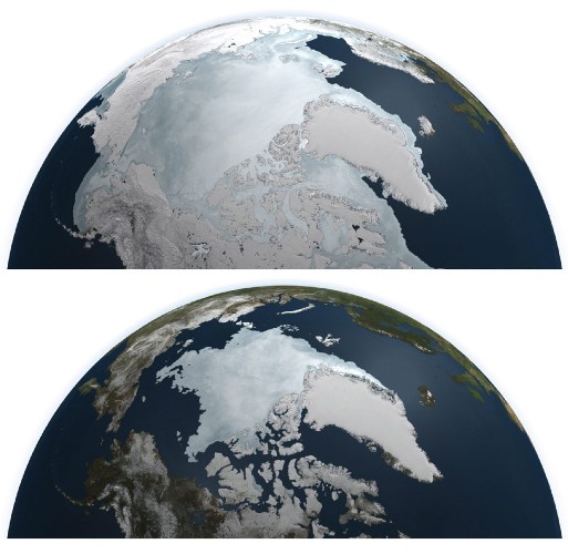 Combo de fotografías cedidas por el centro aéreo espacial Goddard de la Nasa en septiembre de 2011, en la que se observa el océano Ártico capturado desde el instrumento AMSR-E, a bordo del Satélite Aqua de la Nasa. La imagen de arriba es del 7 de marzo de 2011, cuando el océano alcanzo su extensión máxima en este año. La de abajo, fue tomada el pasado 9 de septiembre
