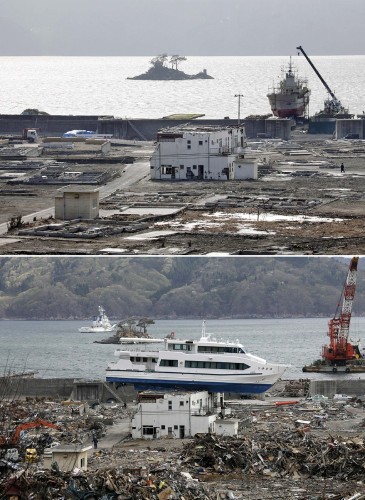 El pueblo costero de Otsuchi tras el tsunam y actualmente.
