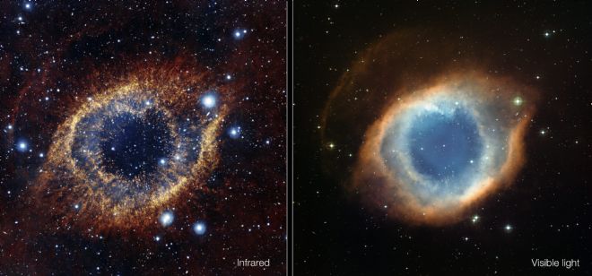 Combo de fotografías cedidas donde se compara la Nebulosa de la Hélice tomada por infrarrojos a través del telescopio Vista (i) y la imagen más familiar de la nebulosa, con luz visible.