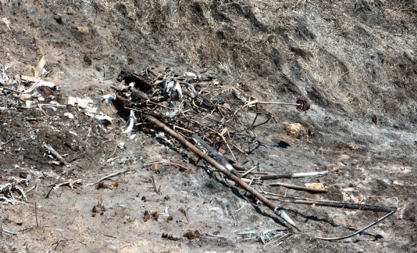 Restos del ultraligero incendiado tras caer en el término municipal de Gurrea de Gállego (Huesca).
