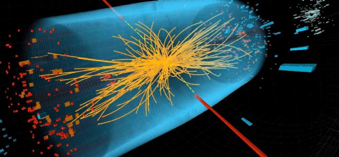 Imagen generada por ordenador y dirtribuida por el Laboratorio Europeo de Física de Partículas (CERN), que muestra una colisión entre protones.