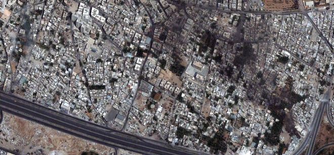 Imagen tomada del satélite el 18 de julio de 2012 y facilitada hoy, jueves 19 de julio de 2012 por DigitalGlobe del barrio de Qabun, en Damasco (Siria.