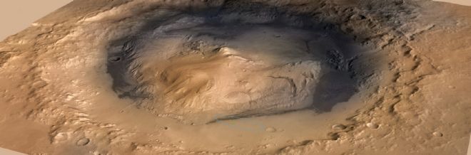 El cráter Gale del planeta Marte, donde aterrizó el robot explorador Curiosity.