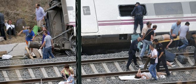 La Policía Nacional y algunos ciudadanos atienden a los heridos del accidente del tren Alvia.