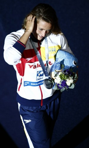 La española Mireia Belmonte tras conseguir la medalla de plata en la final de los 400m estilos femeninos de los Campeonatos del Mundo de Natación.