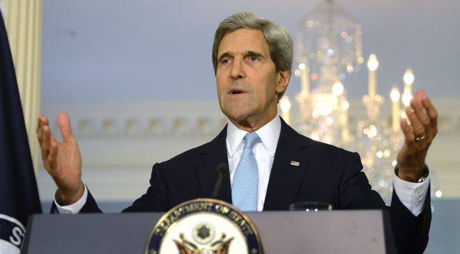 El secretario de Estado de EE.UU., John Kerry, durante las declaraciones sobre Siria que ha realizado en el Departamento de Estado en Washington DC, Estados Unidos.
