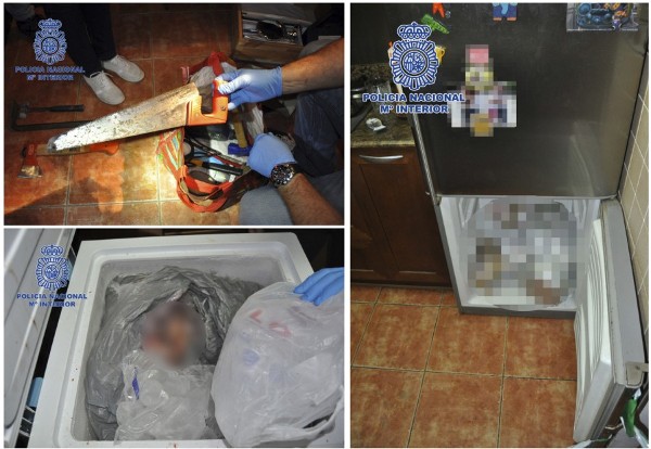 Fotografías facilitadas por la Policía Nacional del frigorífico con los restos descuartizados de un hombre y el serruchoutilizado para cortar el cadáver. 