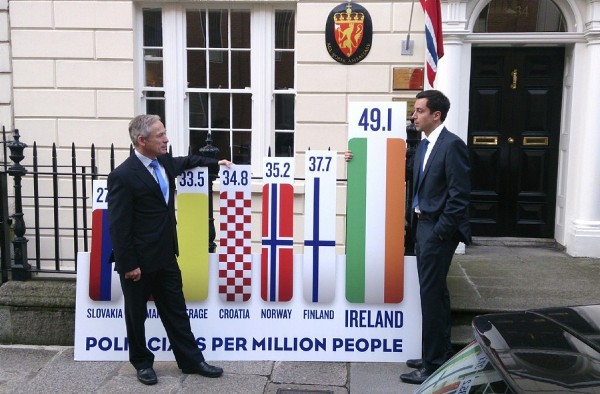 El ministro irlandés de Industria, Richard Bruton (i), y a la derecha el diputado Eoghan Murphy (d), ambos del partido Fine Gael, posan delante de un cartel que compara el número de políticos por habitante de Irlanda con el de otros cinco países europeos de similar tamaño que decidieron eliminar sus Cámaras Altas. 