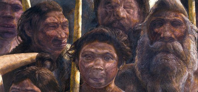 Fotografía facilitada por el Museo de la Evolución Humana del dibujo de los homínidos, Homo heidelbergensis, de la Sima de los Huesos, en el yacimiento de Atapuerca.