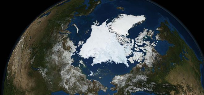 Imagen satelital de la capa de hielo marino en el Ártico.