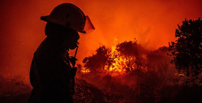 Un bombero intentando controlar un incendio forestal.
