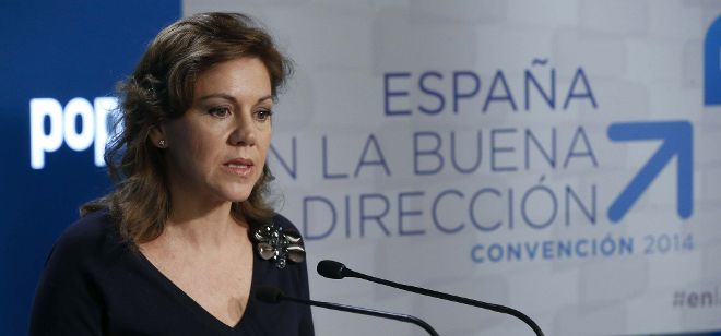 La secretaria general del PP, María Dolores de Cospedal, durante la rueda de prensa que ha ofrecido hoy para presentar la convención que el PP celebrará el próximo fin de semana en Valladolid.