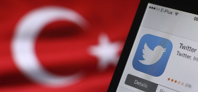 El logotipo de Twitter aparece en la pantalla de un móvil junto a una bandera turca.