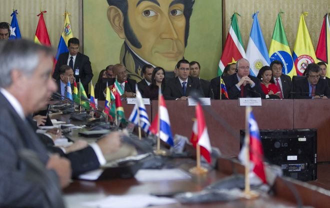 Sala de la Casa Amarilla donde se llevó a cabo una reunión entre cancilleres de los países miembros de Unasur y representantes del sector empresarial venezolano, en Caracas (Venezuela). 