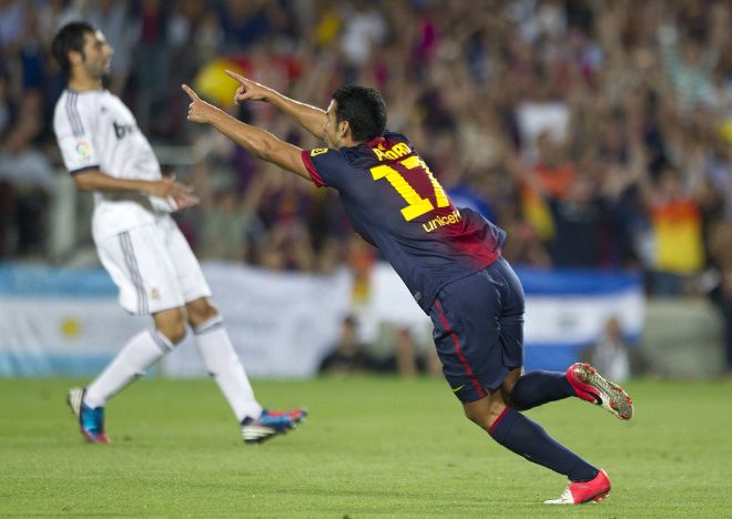 Pedro celebra un gol al Madrid.