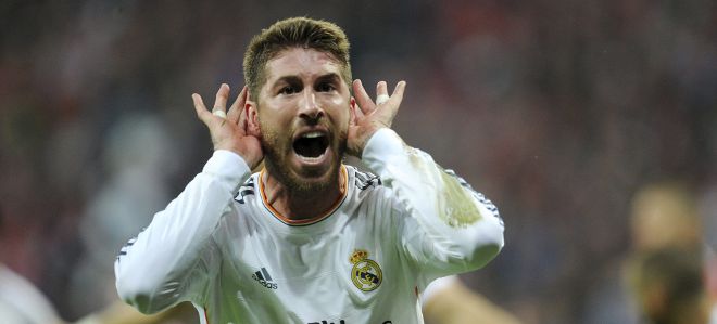 El defensa del Real Madrid Sergio Ramos celebra el primer gol del equipo conseguido ante el Bayern Múnich.