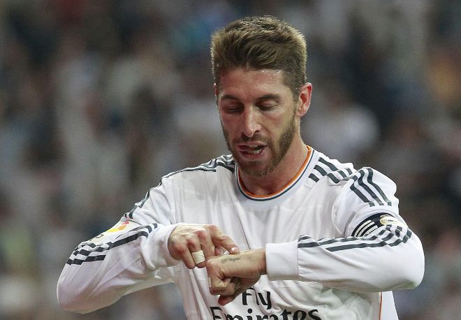 El defensa del Real Madrid, Sergio Ramos, celebra su gol.