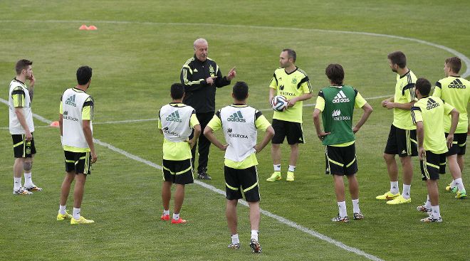 El seleccionador nacional, Vicente del Bosque (4i), con los jugadores.