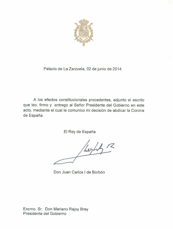 Documento de abdicación del Rey de la Corona de España dirigido al presidente del Gobierno, Mariano Rajoy.