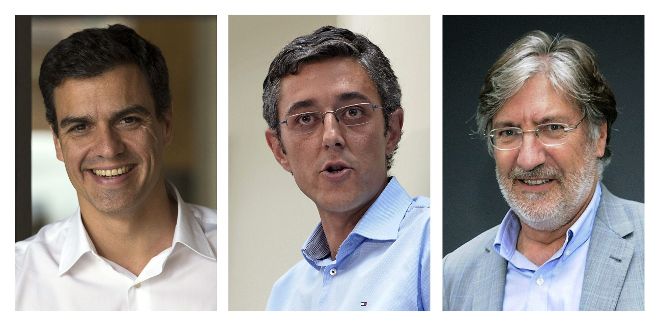 Fotografías de los candidatos oficiales a secretario general del PSOE, Pedro Sánchez (i), Eduardo Madina (c) y José Antonio Pérez Tapias (d), con 41.338, 25.238 y 9.912 avales, respectivamente, todos por encima de los 9.874 exigidos (5 % de los militantes).