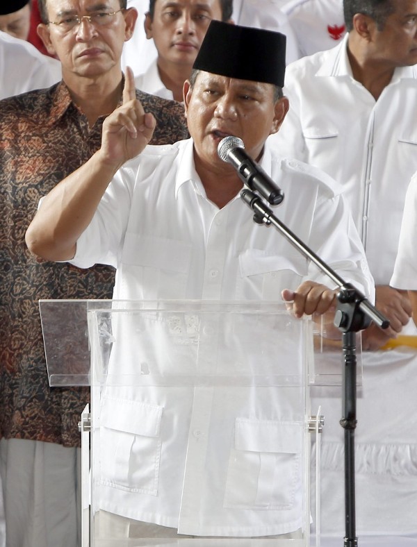 El candidato presidencial del partido Gran Movimiento de Indonesia, Prabowo Subianto.