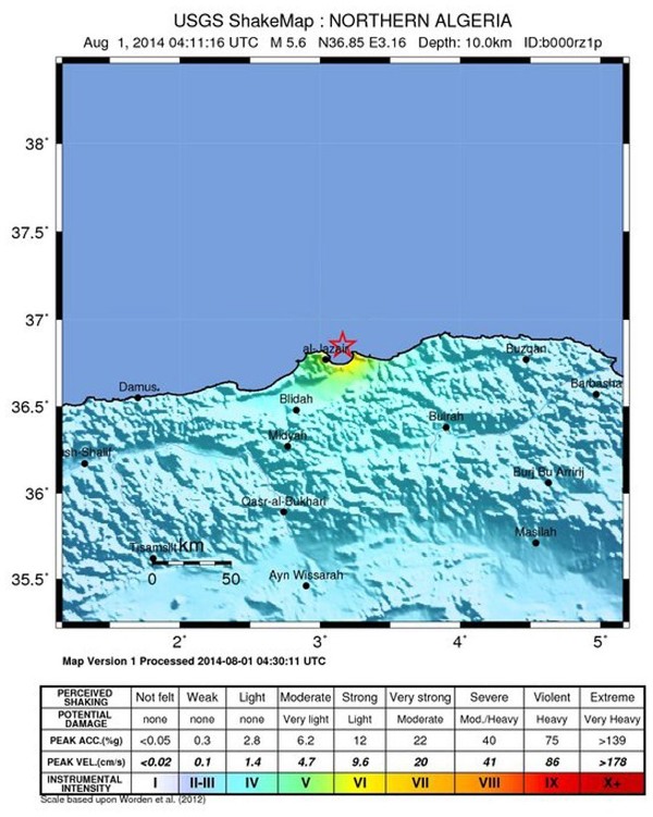Imagen cedida por el Servicio Geológico de EE.UU. (USGS) hoy, viernes 1 de agosto de 2014, del área donde se presentó un terremoto de 5,6 grados de magnitud en la escala Richter, y que se ha notado hoy con intensidad en Argel a las 05:11 de la mañana (04:11 GMT).