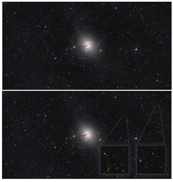 Combo de imágenes facilitadas por la ESA del halo en la periferia de la galaxia elíptica Centaurus A, que un grupo de astrónomos han conseguido investigar, gracias al telescopio espacial Hubble, en un estudio que aportará información sobre la formación, evolución y composición de esta galaxia.