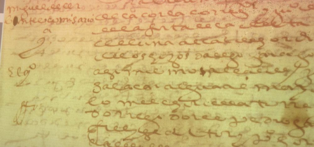 Reproducción fotográfica de una proyección del documento que contiene el autógrafo de Miguel de Cervantes, en el ángulo superior izquierdo.