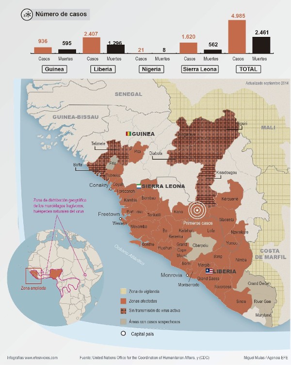 Infografía de la epidemia de ébola que asuela África Occidental.