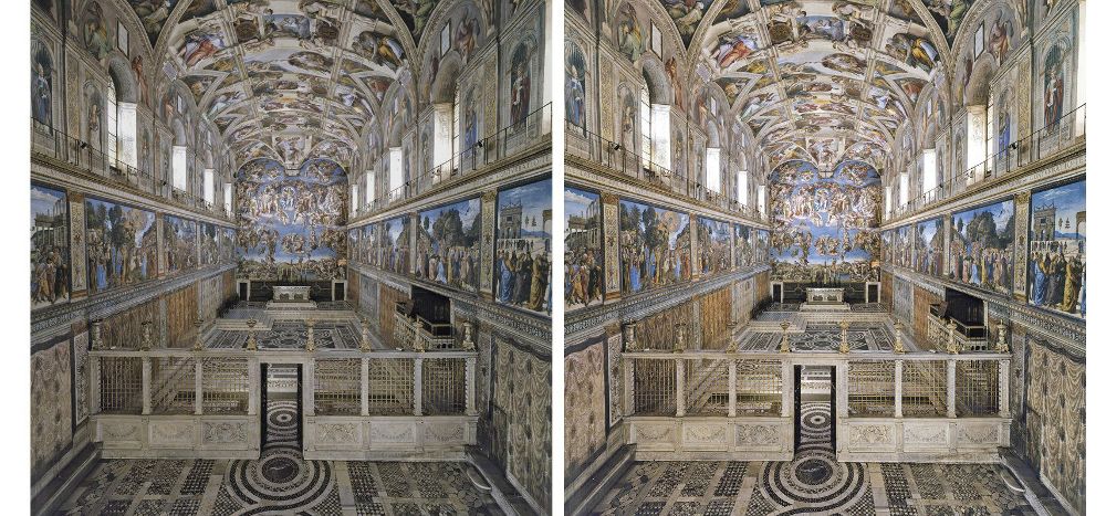 Combo de fotos cedidas por los Museos Vaticanos de sendas vistas generales de la Capilla Sixtina antes (i) y después (d) de la instalación de un nuevo sistema de iluminación 7.000 puntos LED.