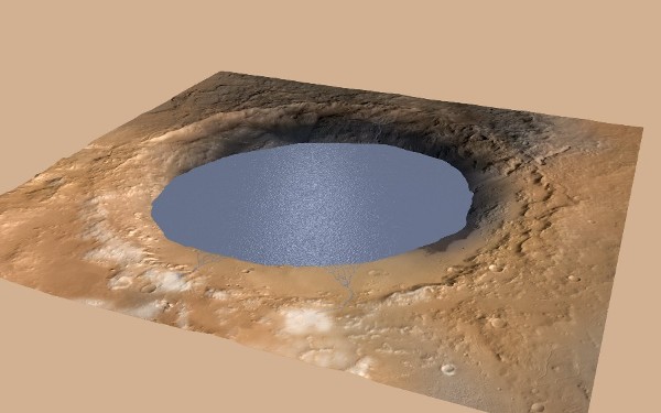 Imagen sin fecha cedida por la NASA en donde se observa una vista simulada del lago dentro del cráter Gale en Marte. 