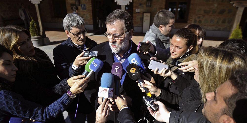 El presidente del Gobierno, Mariano Rajoy, en declaraciones a los periodistas al acabar la reunión del comité de dirección que el PP ha celebrado hoy en Toledo.