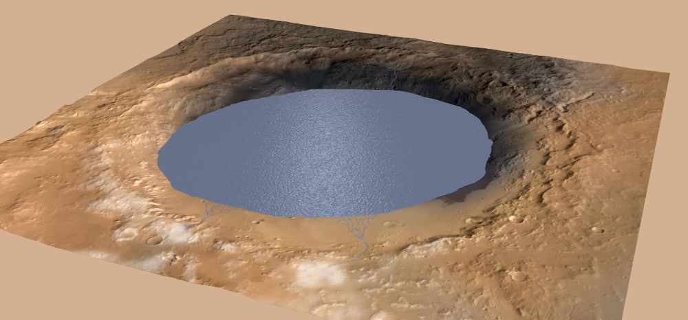 Imagen sin fecha cedida por la NASA en donde se observa una vista simulado del lago dentro del cráter Gale en Marte.