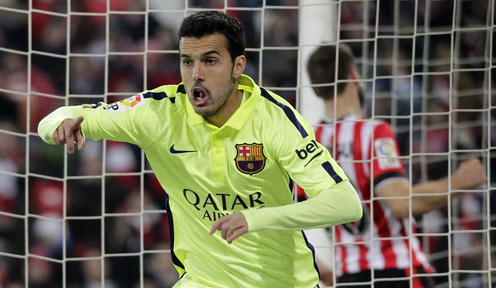 El delantero del Barcelona, Pedro, celebra el quinto gol del equipo culé.