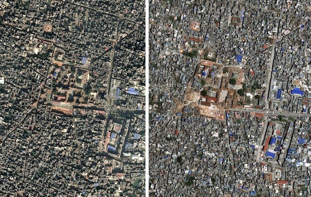 Combo de imágenes facilitadas por Airbus Defensa y Espacio hoy, martes, tomadas por los satélites militares de observación "Pléiades", en la que se muestra una imagen sin fechar captada antes del seísmo (i), y tras el terremoto (d), del casco histórico de Katmandú, Nepal.
