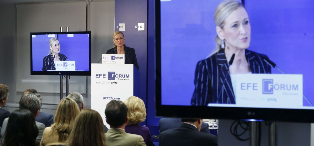 La candidata del PP a la Comunidad de Madrid, Cristina Cifuentes, durante su intervención hoy en un EFE Fórum Elecciones.