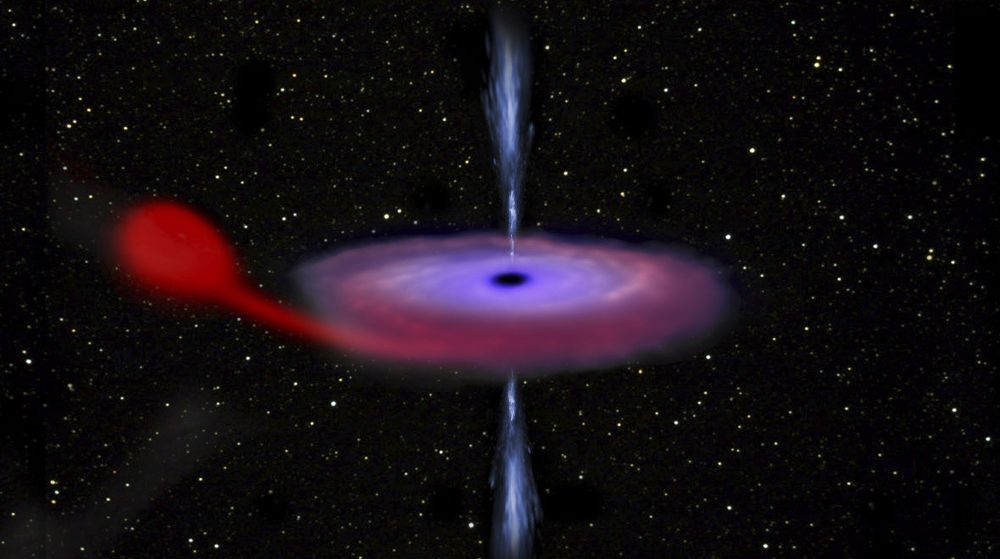 Imagen facilitada por la ESA (Agencia Espacial Europea) situada en las Islas Canarias, España, del despertar de un ''monstruoso'' agujero negro que llevaba 26 años inactivo, donde se puede ver por primera vez como el agujero negro engulle y expulsa masa procedente de su estrella vecina.