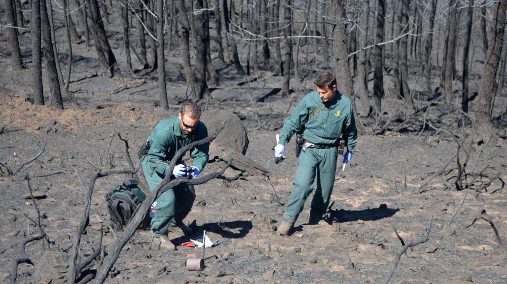 Operarios de la Guardia Civil durante su trabajo de investigación sobre las causas del incendio forestal que se originó el pasado jueves en la Sierra de Gata cacereña.