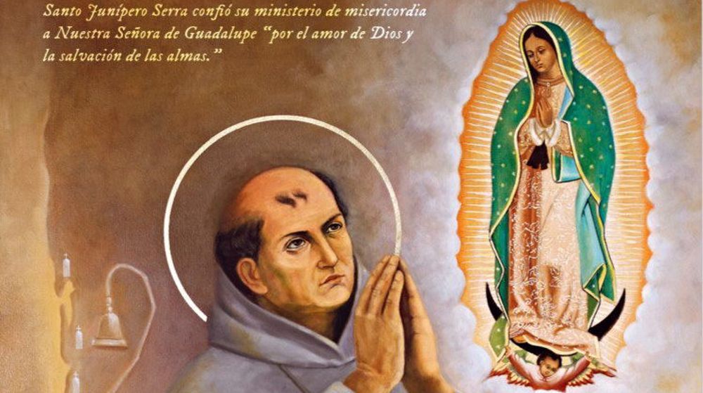 Fotografía cedida del póster en español con la obra en donde aparece fray Junípero Serra orando al lado de la Virgen de Guadalupe.