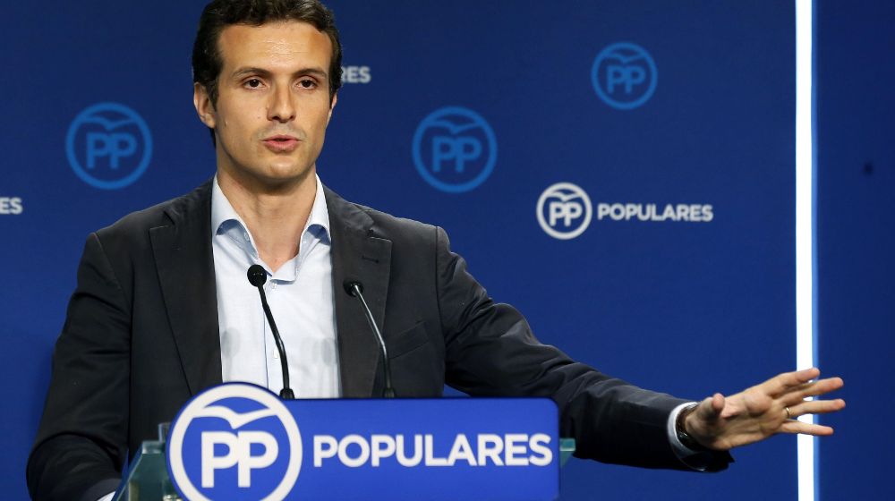 El portavoz del PP, Pablo Casado, durante una rueda de prensa.